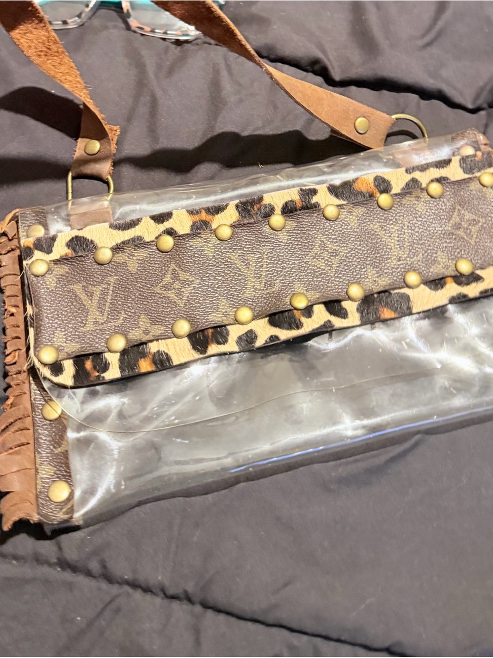 Louis Vuitton Upcycled  Brown Monogram Vinyl Crossbody with Leopard Trim
